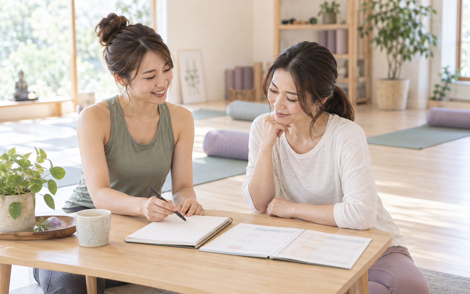 トレーナーと相談しながらプログラムの目標と予定を決める様子